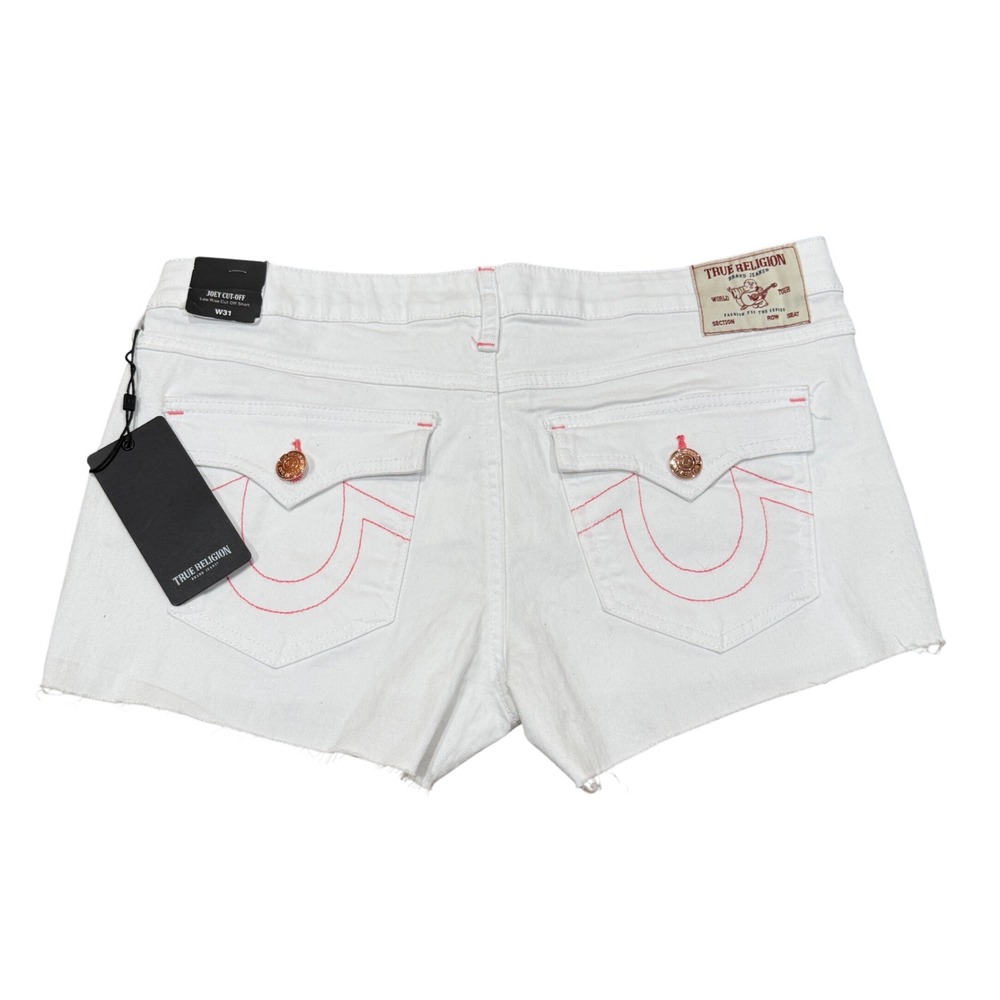 True Religion Joey Cut-Off White Low Rise Denim Shorts Pink Stitching W31 NEW